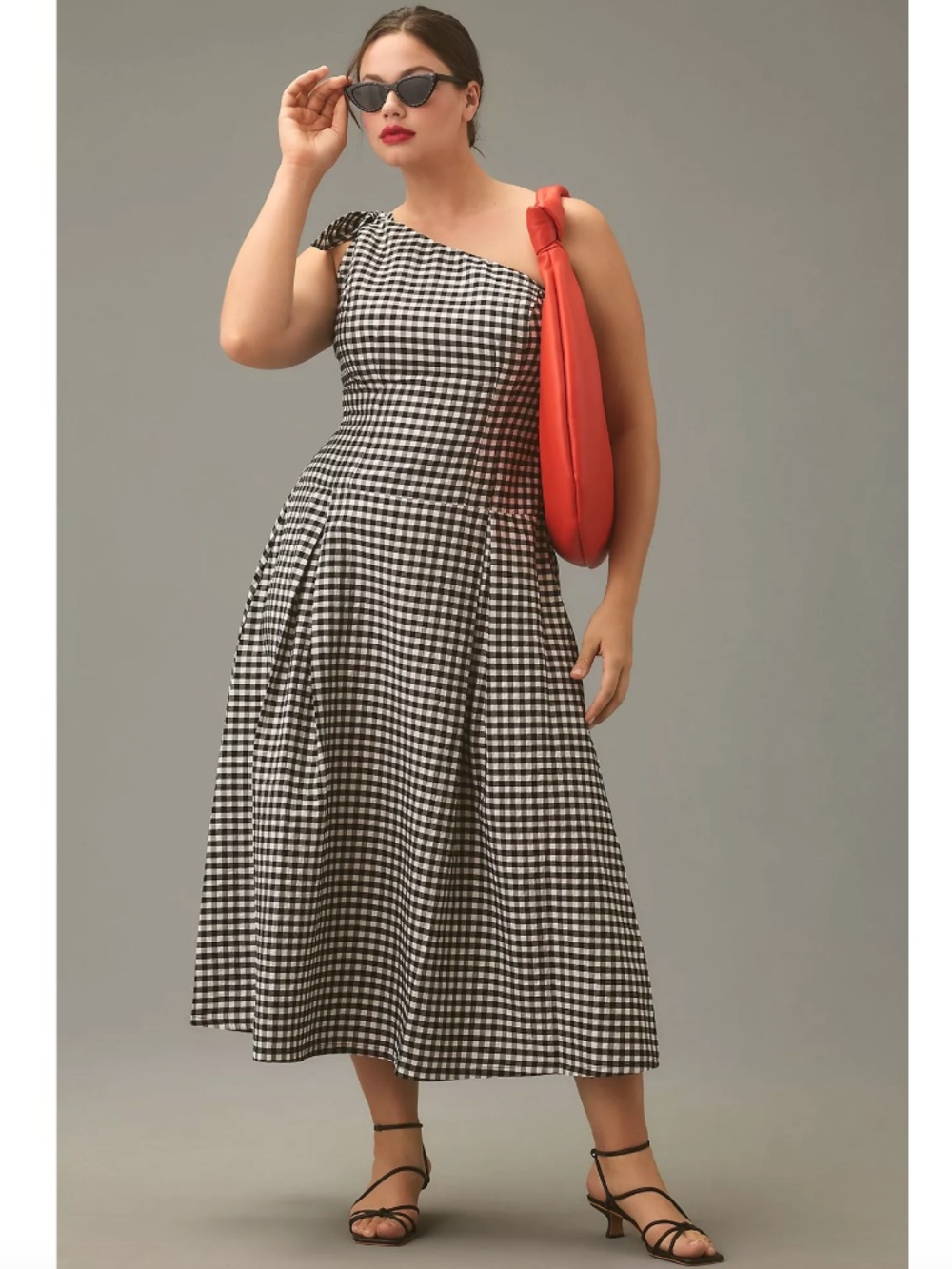 Anthropologie One-Shoulder Gingham Midi Dress